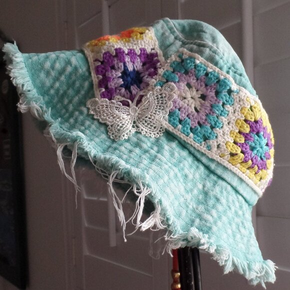 Upcycled Accessories - Upcycled Bucket Hat Granny Squares Frayed Canvas Turquoise Denim Cap NWOT